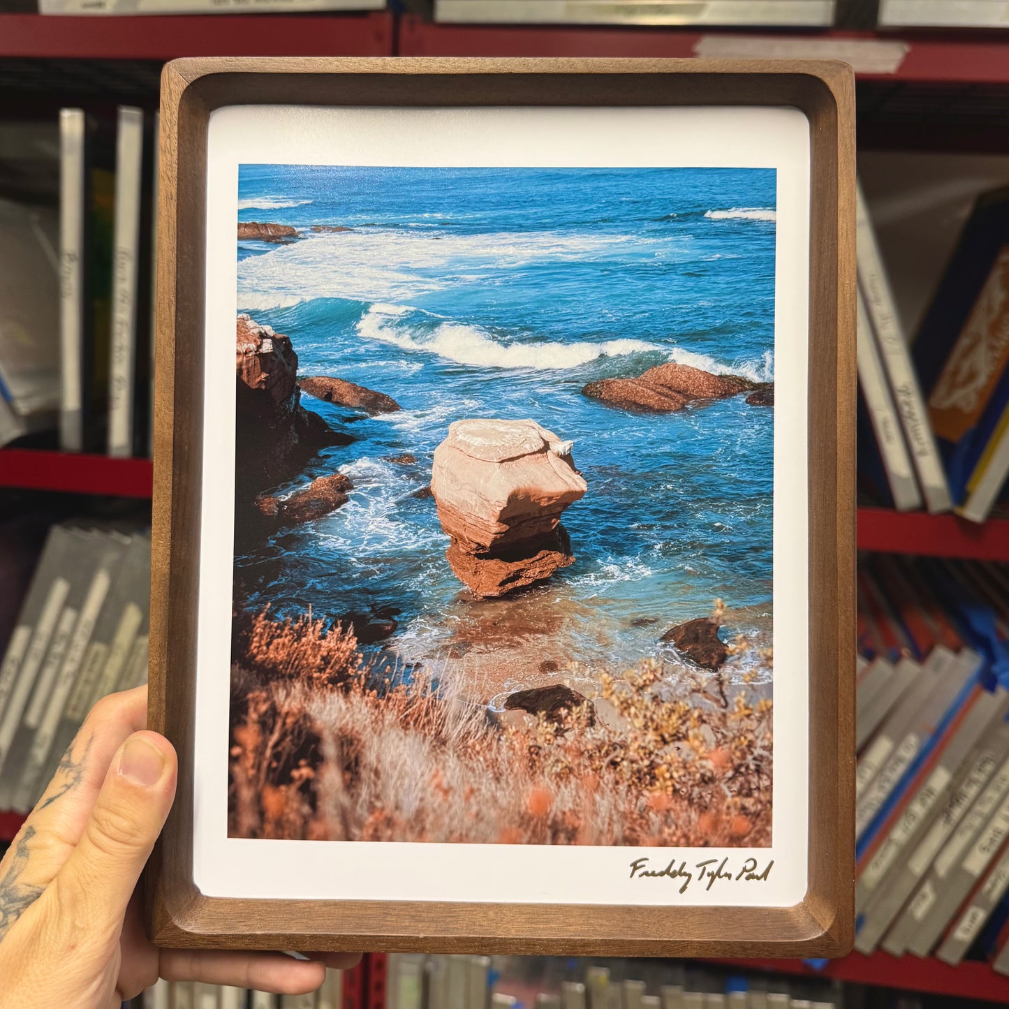 Framed photograph of a rocky coastal scene held in front of a bookshelf.