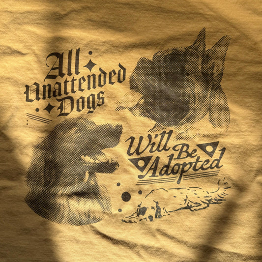 Text and dog illustrations on a textured brown background with 'All Unattended Dogs Will Be Adopted' message.