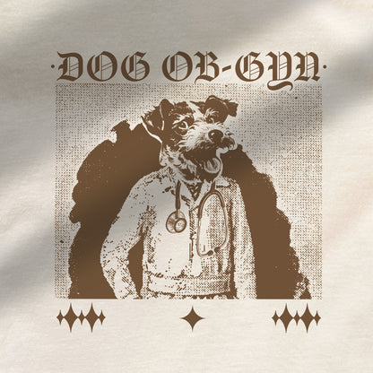 Dog wearing a doctor's coat with 'DOG OB-GYN' text on a textured background