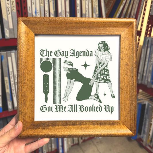 Framed poster with 'The Gay Agenda' text and illustrations held in front of a bookshelf.