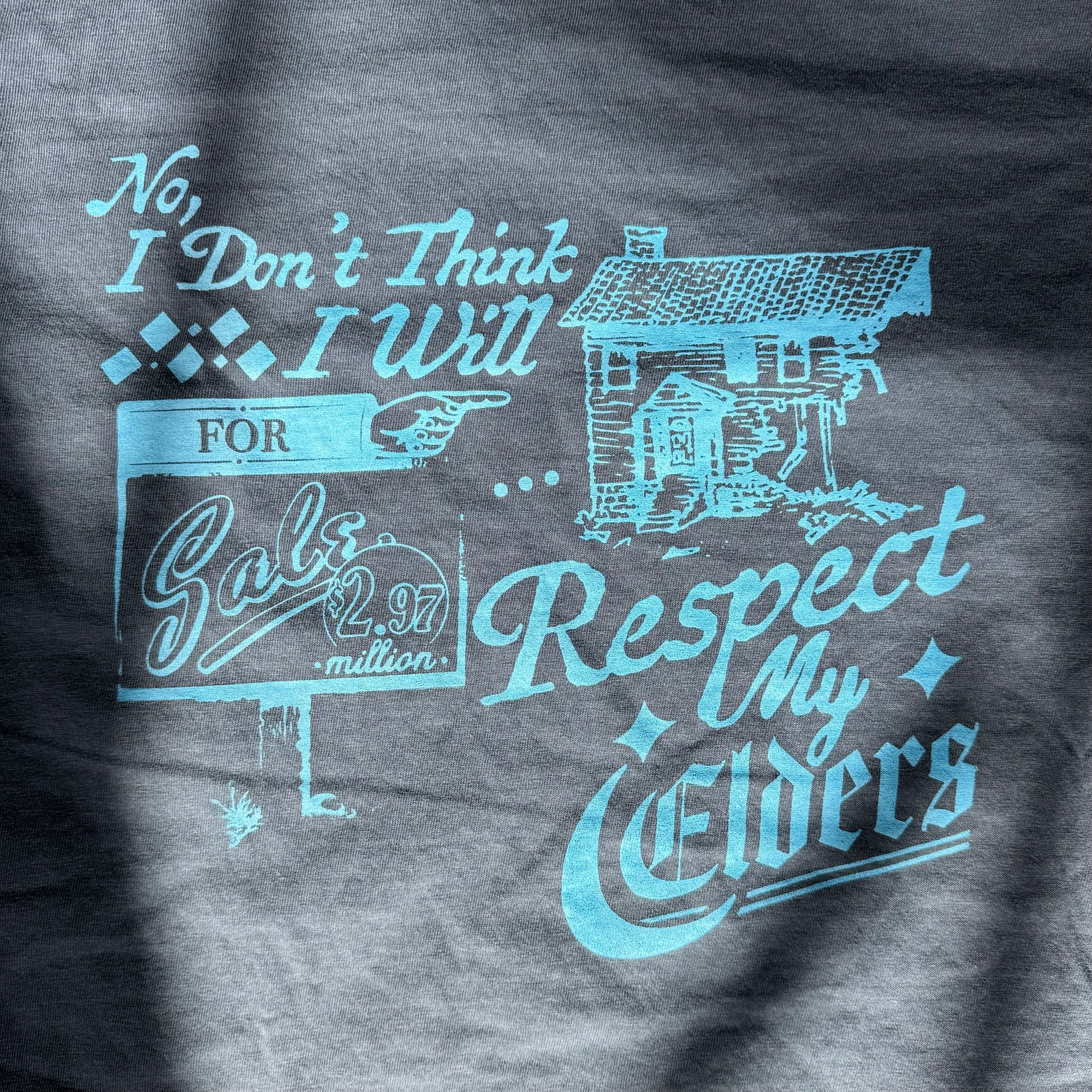 Gray t-shirt with blue graphic and text 'No, I Don't Think I Will Respect My Elders' on a dark background