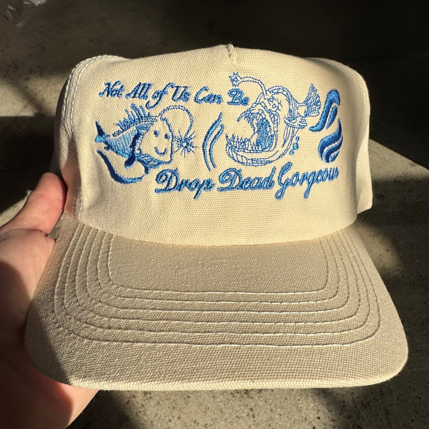 Beige cap with blue embroidered text and fish designs held by a hand.
