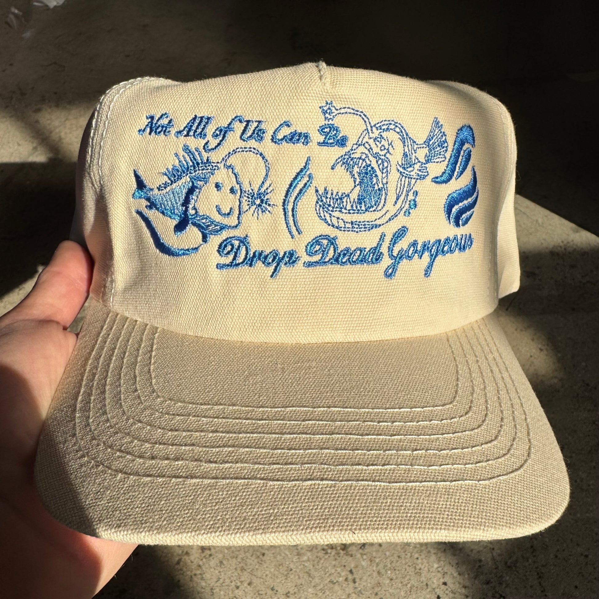 Beige cap with blue embroidered text and fish designs held by a hand.