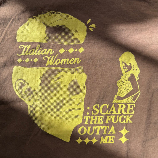 Brown t-shirt with yellow graphic and text about Italian women on a brown background