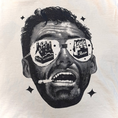 Black and white illustration of a person wearing sunglasses with text on lenses, on a light background.