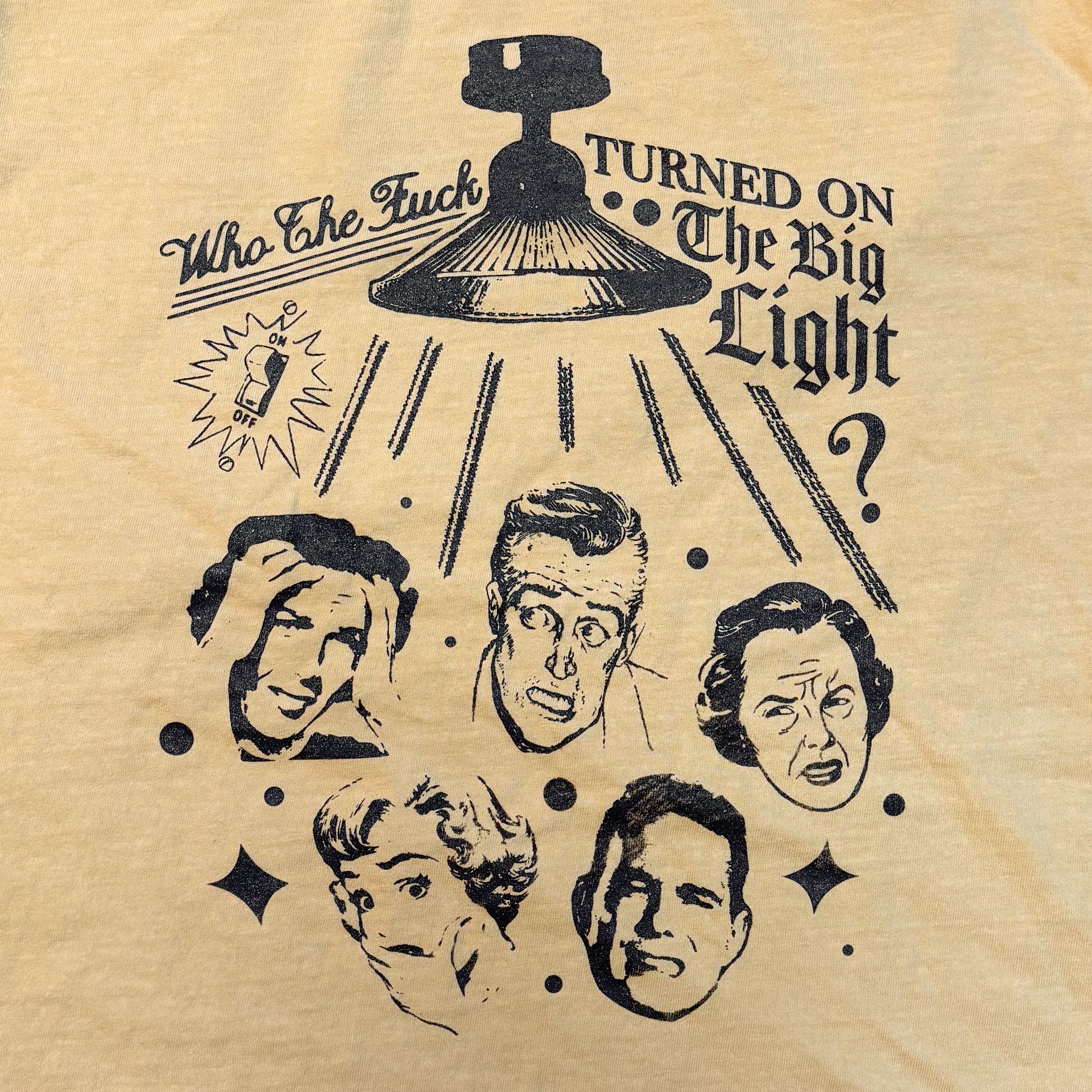 Vintage-style graphic with faces and text on a beige background