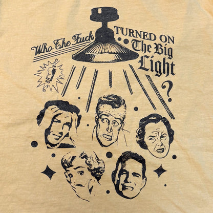 Vintage-style graphic with faces and text on a beige background